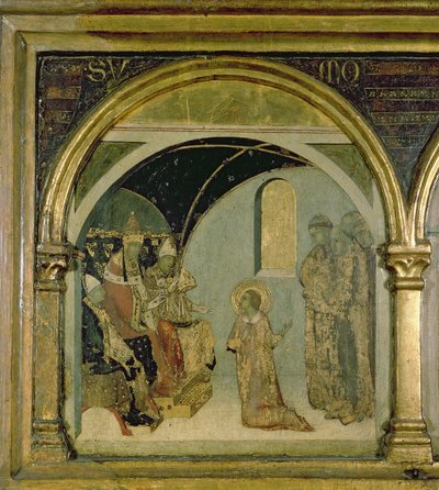 (Detail) zeigt St. Ludovico vor Papst Bonifatius VIII. vom Predella von St. Ludovico von Simone Martini